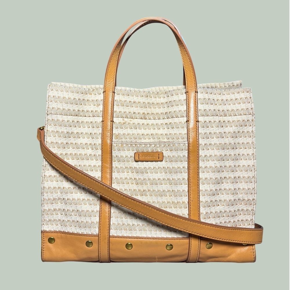 Fossil Womens Tote Bag Medium Beige Tan Canvas Leather Studded Crossbody
